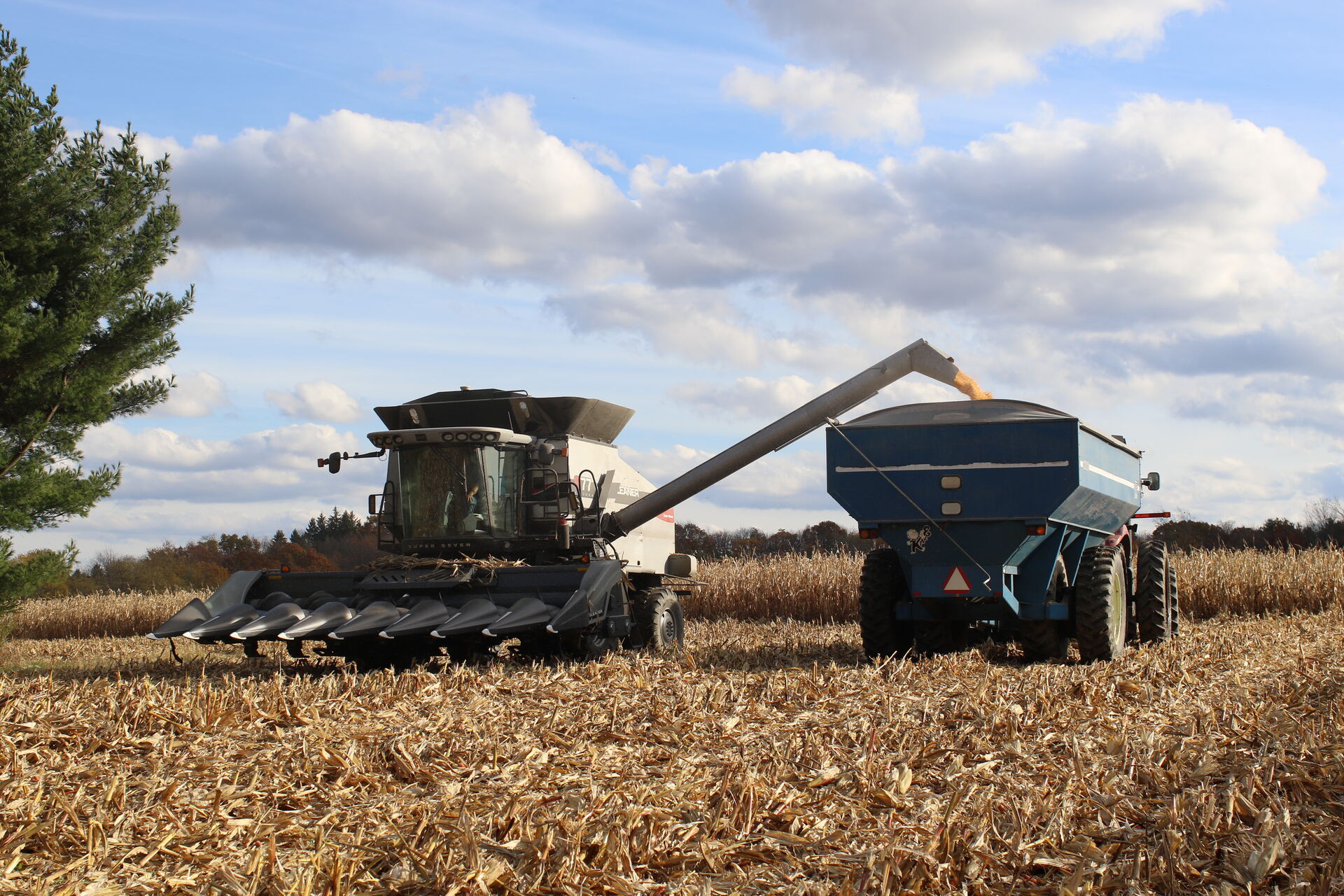 Corn harvest at Rolling Vale Farms — combine unloading on the go